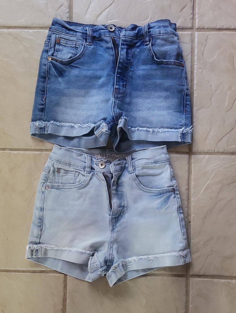 Wallflower Women's Two Pairs Denim Shorts in Medium Blue & Light Blue